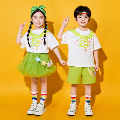 六一儿童演出服小学生运动会啦啦操班服合唱表演卡通T恤 绿色纱裙 - 图3