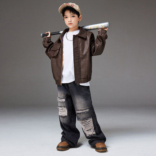 街舞儿童潮服嘻哈皮衣外套男童套装hiphop童装炸街演出服走秀爵士 - 图3