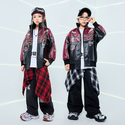 儿童街舞演出服爵士舞套装字母皮衣外套男童潮服少儿hiphop嘻哈女 - 图2