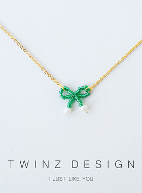 听之◆森林公主独家原创设计进口绿色蝴蝶结珍珠镀真金项链锁骨链