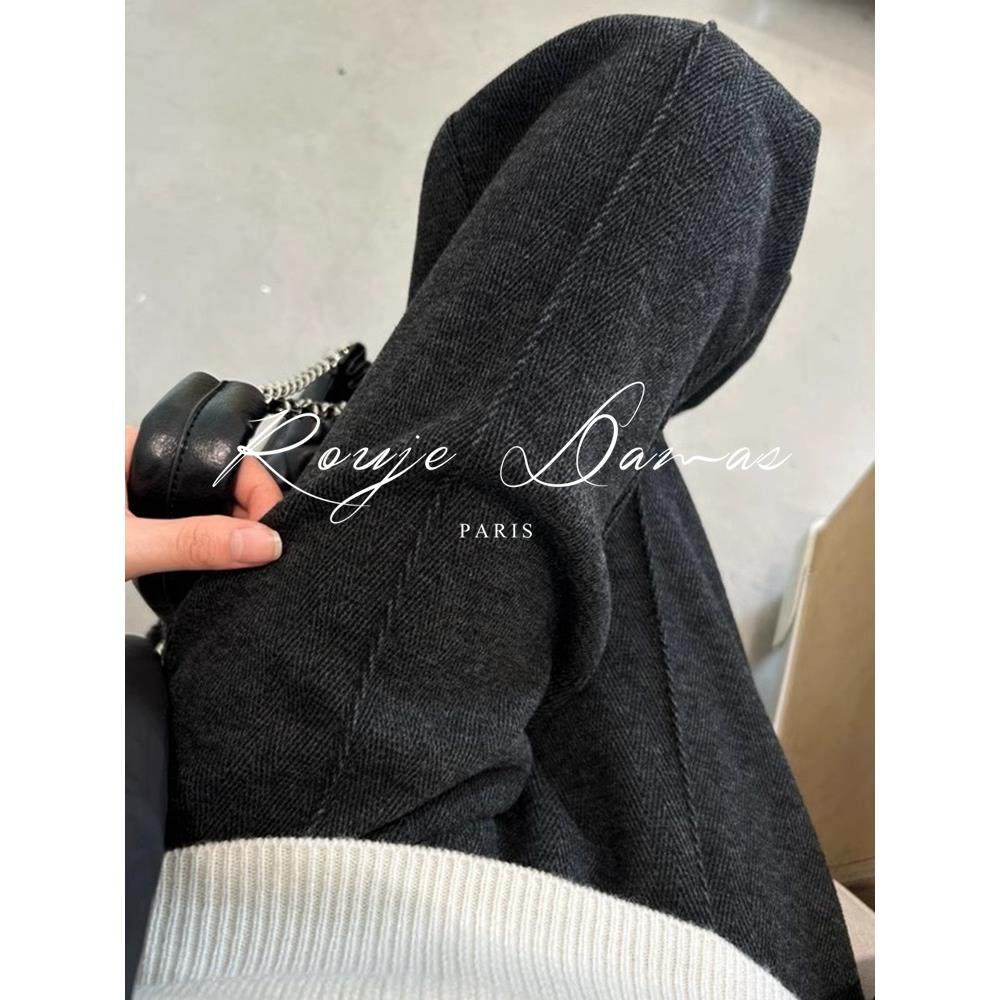 Rouje Damas加绒窄版阔腿裤女装高腰垂感羊毛呢裤人字纹直筒裤子,淘宝优惠券,粉丝福利购,淘宝优惠卷