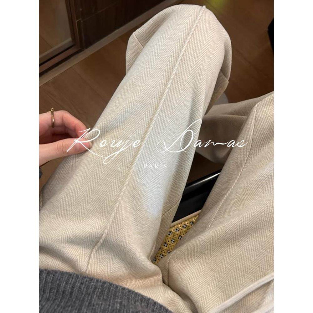 Rouje Damas加绒窄版阔腿裤女装高腰垂感羊毛呢裤人字纹直筒裤子,淘宝优惠券,粉丝福利购,淘宝优惠卷