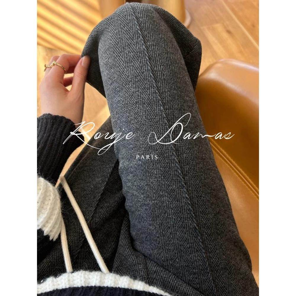 Rouje Damas加绒窄版阔腿裤女装高腰垂感羊毛呢裤人字纹直筒裤子,淘宝优惠券,粉丝福利购,淘宝优惠卷