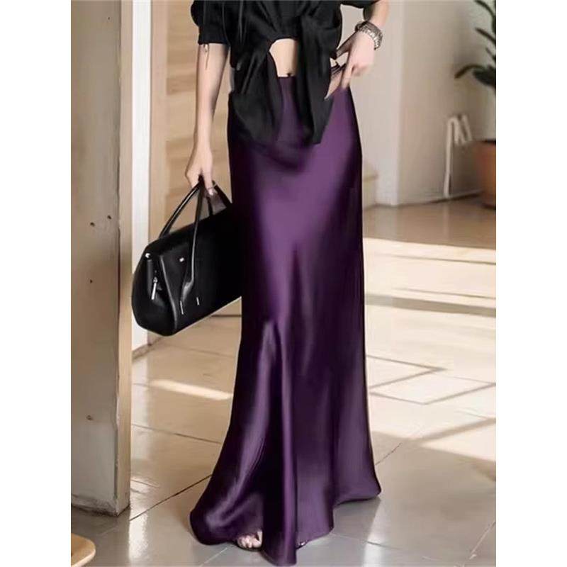 紫色缎面长裙2025年夏季女装新款高端轻成熟优雅褶皱抱臀鱼尾长裙,淘宝优惠券,粉丝福利购,淘宝优惠卷