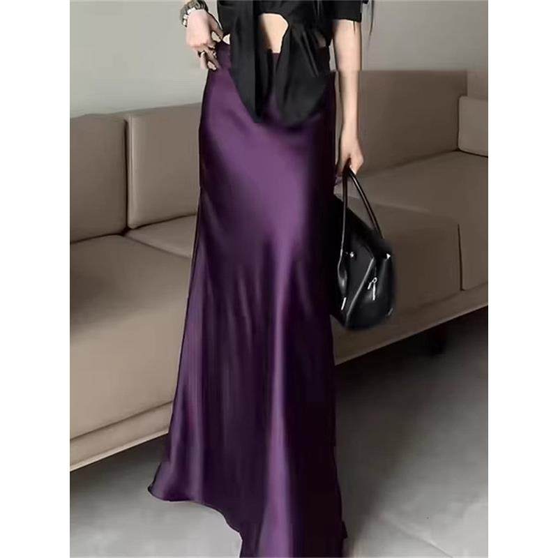 紫色缎面长裙2025年夏季女装新款高端轻成熟优雅褶皱抱臀鱼尾长裙,淘宝优惠券,粉丝福利购,淘宝优惠卷