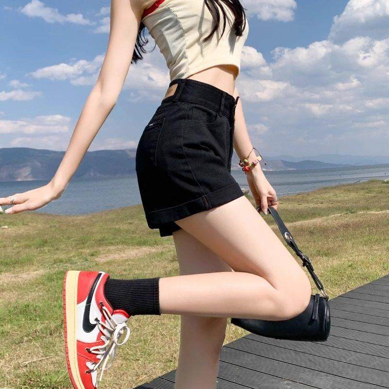 法国Rouje Dsyle黑色牛仔短裤女大尺码胖mm高腰显瘦弹力a字阔腿热,淘宝优惠券,粉丝福利购,淘宝优惠卷