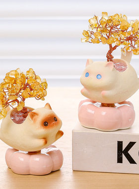 发财转转黄水晶发财树送同事礼物办公室礼品新款可爱小猫摆件创意