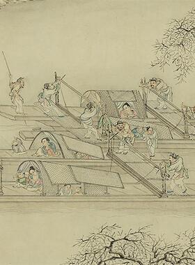 :1 清 丁观鹏2款合卷 画人物 摹宋人渔c乐图 真迹复制品 33x111cm