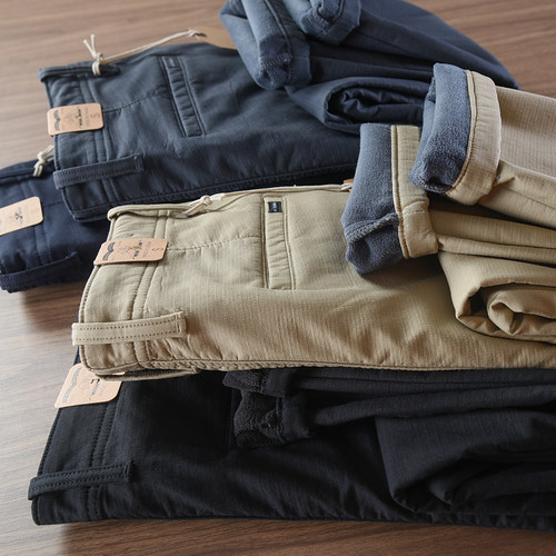 秋冬加绒加厚保暖小直筒休闲裤男暗格纹防风Chino软壳工装长裤子 - 图1