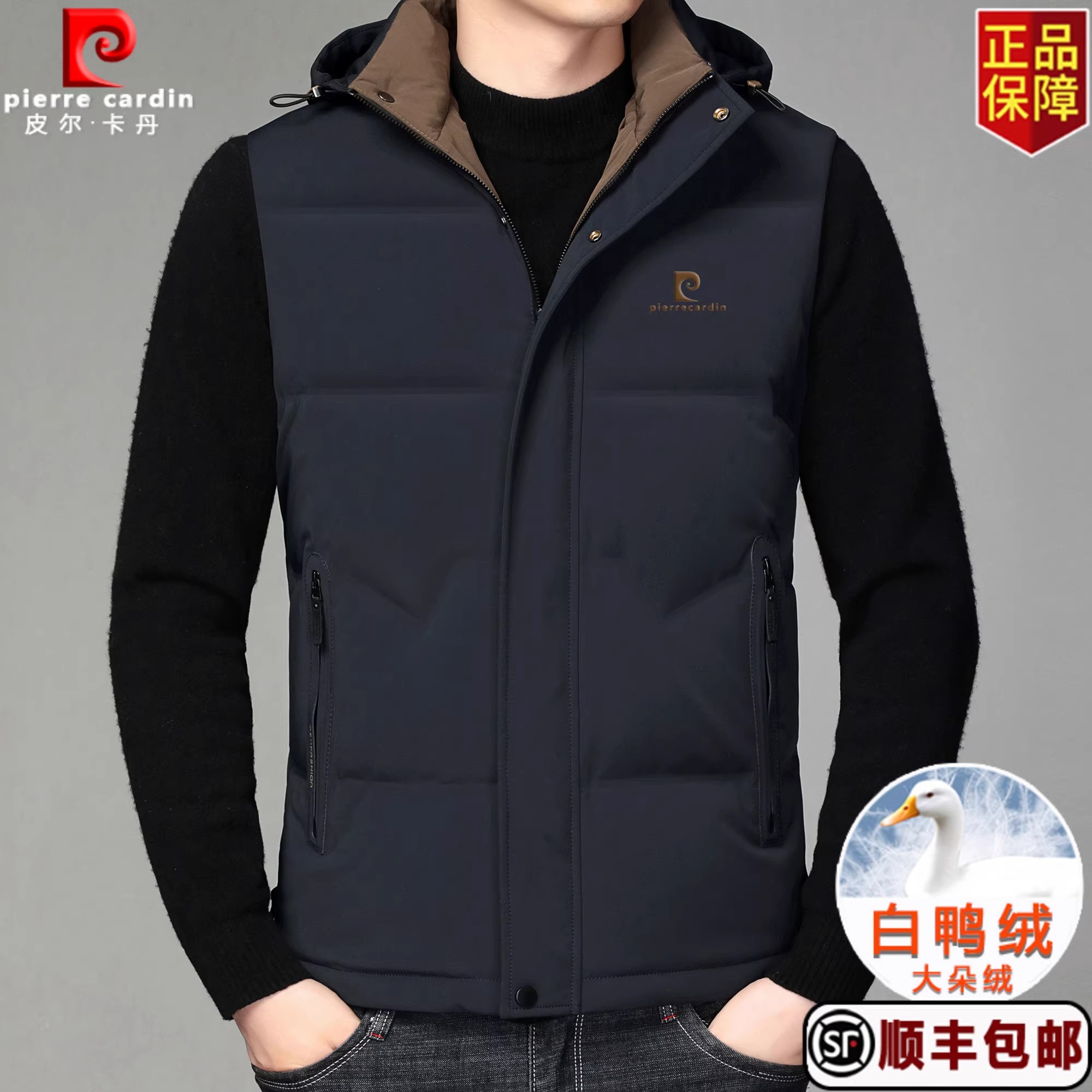皮尔卡丹高档男士秋冬羽绒马甲高端休闲立领可拆卸帽轻薄保暖外套 - 图1