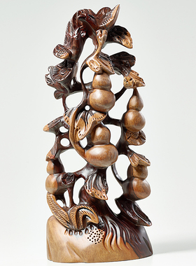 黑檀木雕五福临门葫芦摆件实木客厅玄关电视酒柜装饰高档乔迁礼品