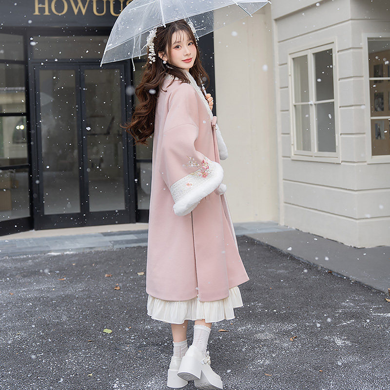 云藏月绣 听雪 原创加绒合领长袄粉色毛呢大衣国风连衣裙汉元素冬,淘宝优惠券,粉丝福利购,淘宝优惠卷