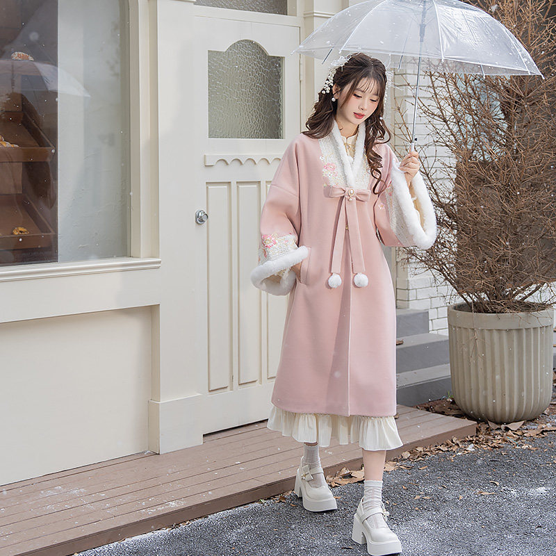 云藏月绣 听雪 原创加绒合领长袄粉色毛呢大衣国风连衣裙汉元素冬,淘宝优惠券,粉丝福利购,淘宝优惠卷