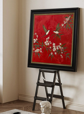 中古风纯手绘油画喜上枝头装饰画客厅喜庆卧室挂画红色玄关新中式