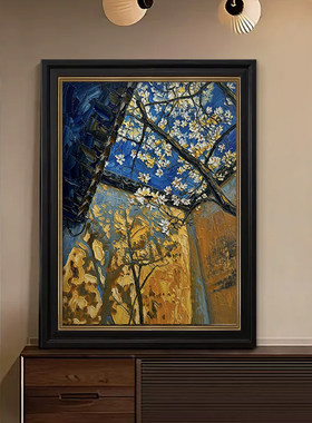蓝庭春雪》法式中古风纯手绘油画客厅艺术装饰画肌理玄关挂画沙发