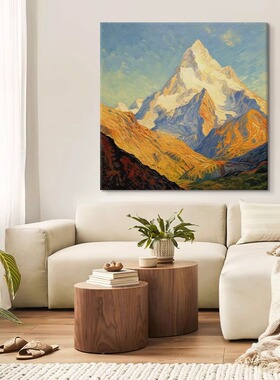 手绘油画日照金山图抽象肌理客厅装饰画梵高风格群山风景玄关挂画