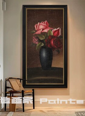 中古风玫瑰复古纯手绘油画法式装饰画客厅餐厅艺术挂画玄关欧式画