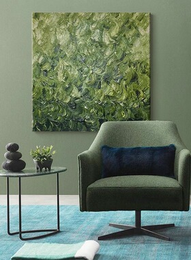 纯手绘治愈系绿色油画绿植装饰画方形客厅挂画入户玄关立体肌理画