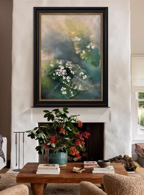 茉莉花中古风纯手绘油画绿色客厅装饰画肌理餐厅玄关挂画法式复古