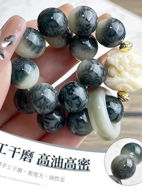油墨山水六字真言菩提根手串真品女盘玩菩提子佛珠醒狮文玩手链男