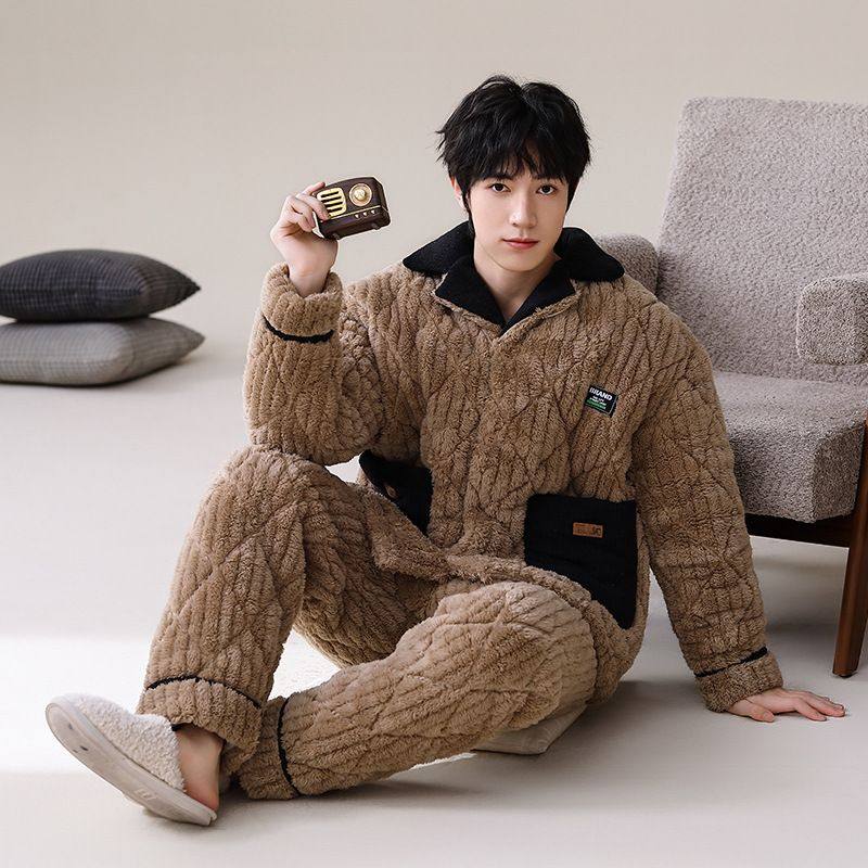 珊瑚绒睡衣男秋冬季加绒加厚三层夹棉青少年冬天保暖家居服两件套,淘宝优惠券,粉丝福利购,淘宝优惠卷