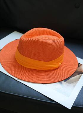 法式简约复古橙色宽边平檐巴拿马爵士礼帽男女夏遮阳防晒度假草帽