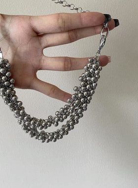 网红博主同款欧美风小众个性金属球项链冷淡风双层月牙链条锁骨链