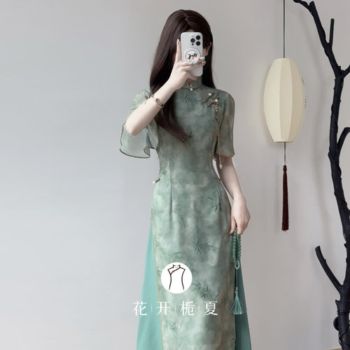 《荡漾》绿色旗袍新中式国风改良年轻款少女奥黛连衣裙 - 图1