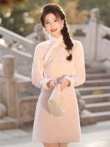 Pink Qipao 2023 Winter New Chinese Style Improved Young Teenage Girl Plus Suede Dress Petty