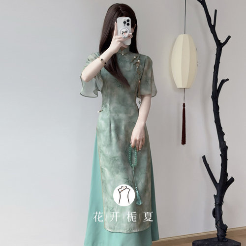 《荡漾》绿色旗袍新中式国风改良年轻款少女奥黛连衣裙 - 图2