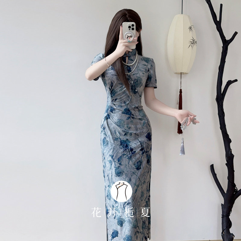 新中式国风蓝色素雅旗袍弹力修身显瘦2025巨好看少女连衣裙8/18,淘宝优惠券,粉丝福利购,淘宝优惠卷