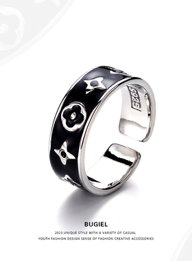 bugiel韩版黑色花朵滴胶戒指男女时尚气质个性小众设计网红指环