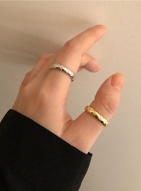 韩国复古银菱形纹戒指女时尚简约光面麻花指环冷淡风食指戒