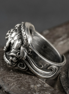 新款新款貔貅银色戒指 古银男士霸气开口指环麒麟银指环民族风