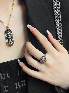 2025复古黑金宇航熊猫戒指男女同款个性百搭高级感开口可调节指环