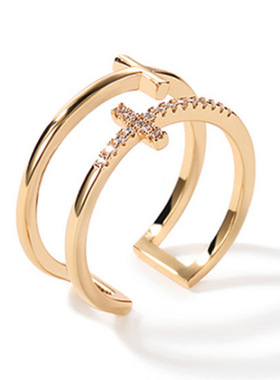 韩版镀银双层十字架开口戒