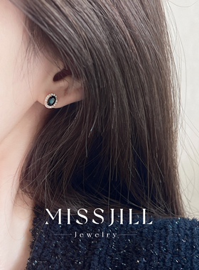 MISSJILL·黑夜星辰｜小众气质女神感黑宝石椭圆耳钉精致925纯银