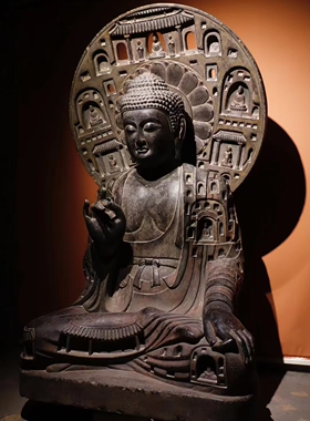 唐 青石彩绘 石窟大佛 工艺精美 法相庄严 高175cm，宽100厚70