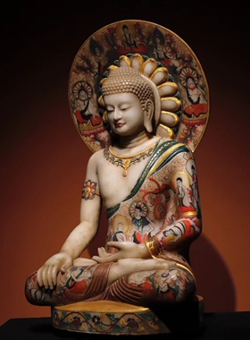 唐 汉白玉彩绘 佛像 彩绘精美，法相庄严 高80cm 宽46cm 厚35cm