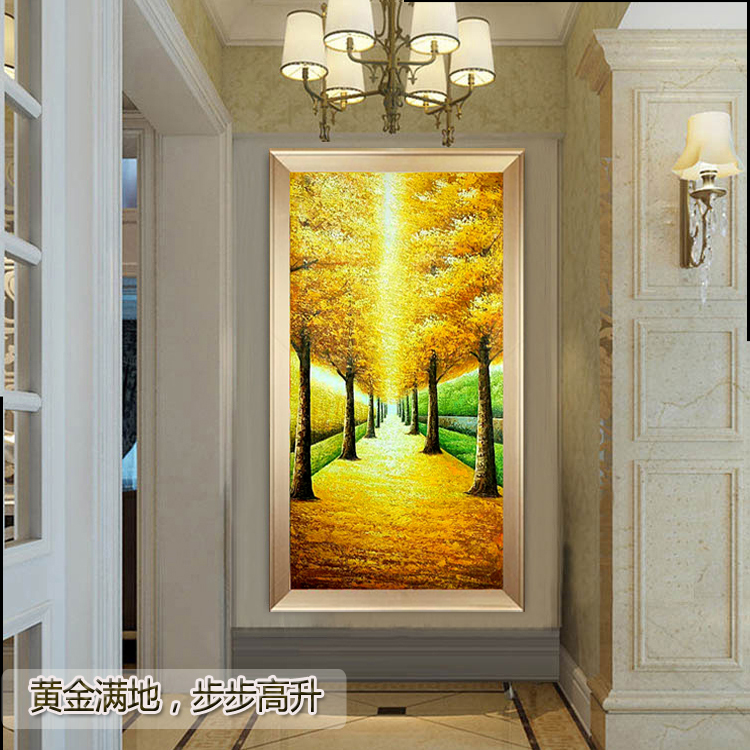 玄关装饰画手绘风景油画简约现代客厅走廊过道壁画发财树黄金大道