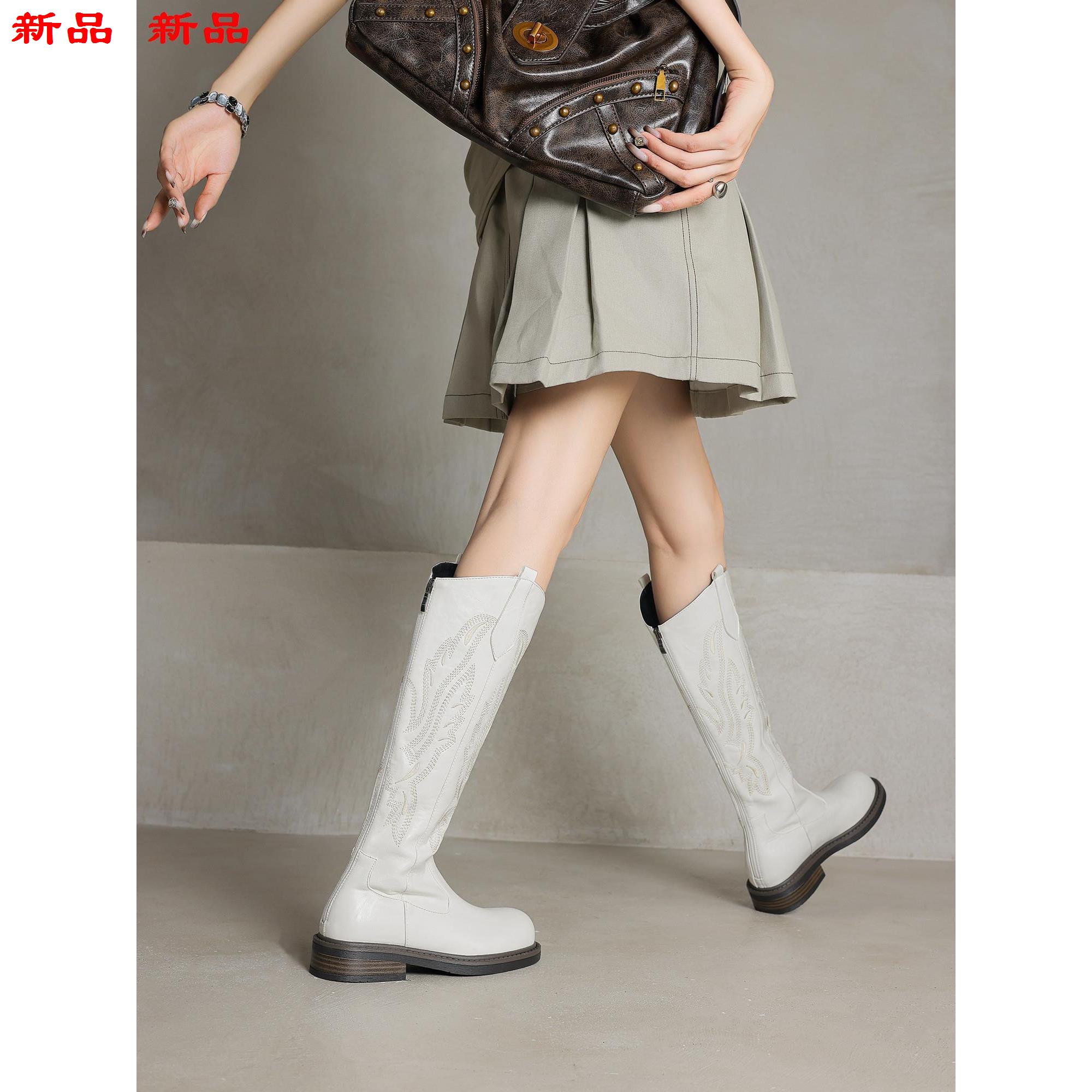 靴鞋手工刺绣长靴拉链高筒春秋骑士西部后-复古大码跟女低4341 - 图3