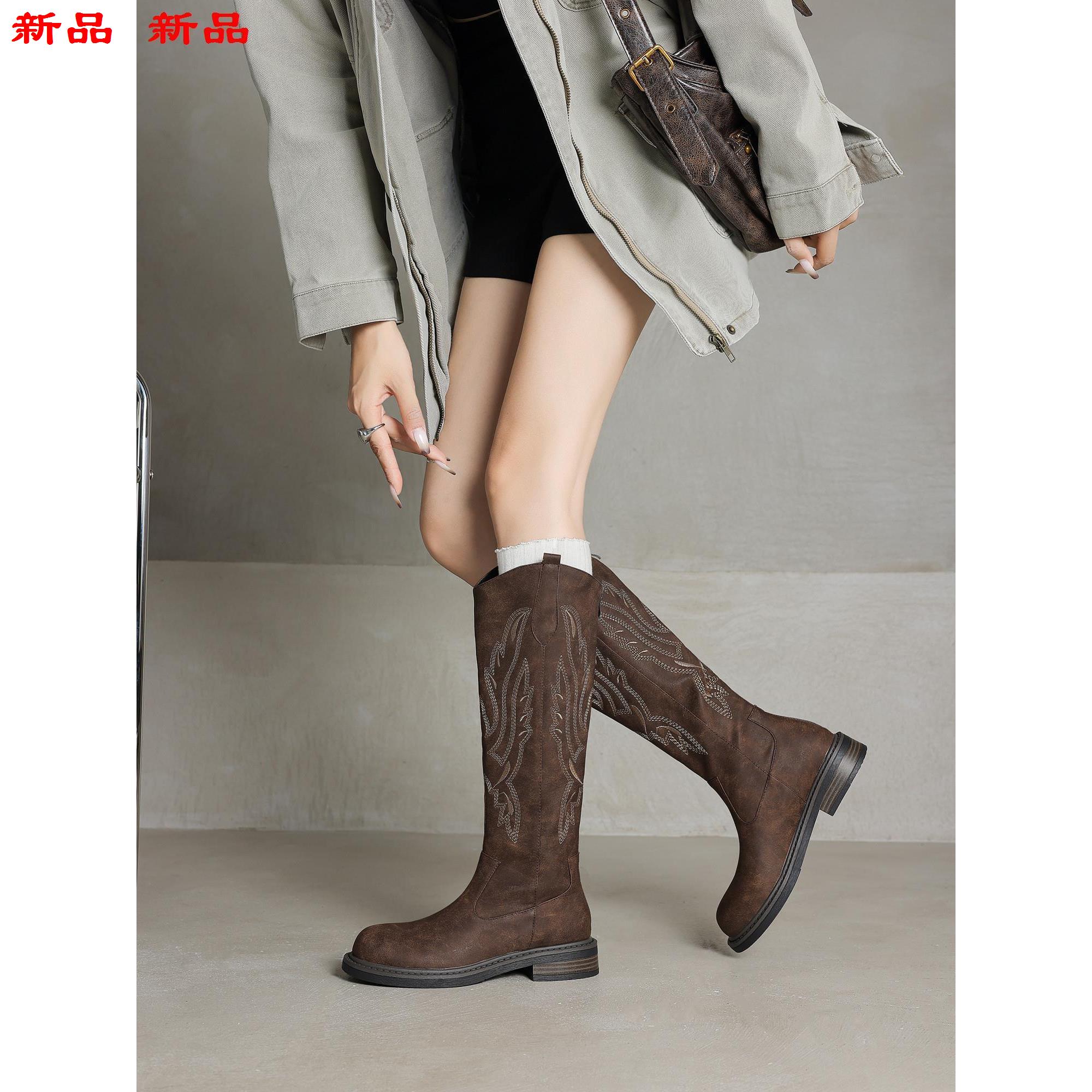 靴鞋手工刺绣长靴拉链高筒春秋骑士西部后-复古大码跟女低4341 - 图2