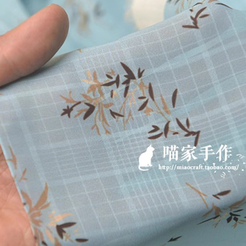 粉蓝枝叶格纹雪纺化纤布料 中国风植物曲裾旗袍汉上衣服装裙面料 - 图1