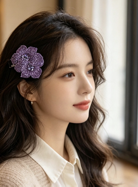 韩国彩色水钻双花边夹女侧边夹水晶大号发夹高档镶钻横夹顶夹饰品