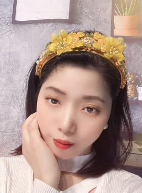 复古黄色镶钻花朵发箍女带齿发卡