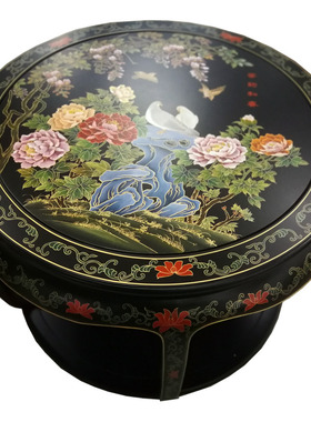 漆艺彩绘花鸟大圆桌实木餐桌定制