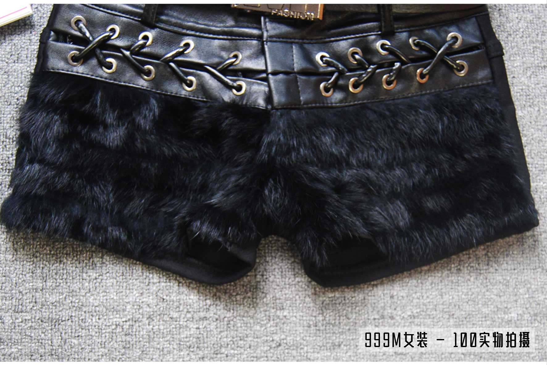 秋冬新款女装修身显瘦皮草仿兔毛拼接PU皮短裤女皮裤 百搭靴裤潮,淘宝优惠券,粉丝福利购,淘宝优惠卷