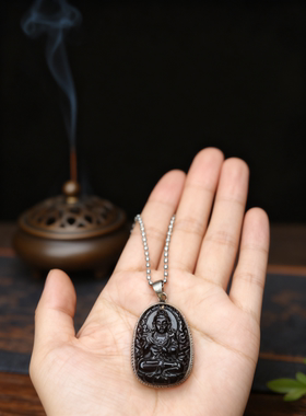 2025蛇年吉祥饰品镶银冰种黑曜石十二生肖本命佛八大守护吊坠鸡鼠