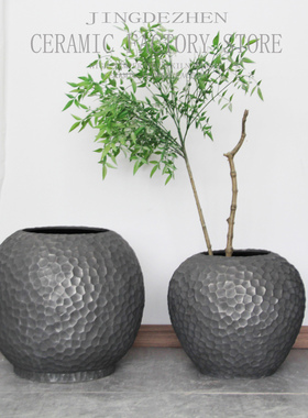 仿金属落地花盆陶瓷花瓶绿植物大型家居水泥花器酒店民宿复古摆件