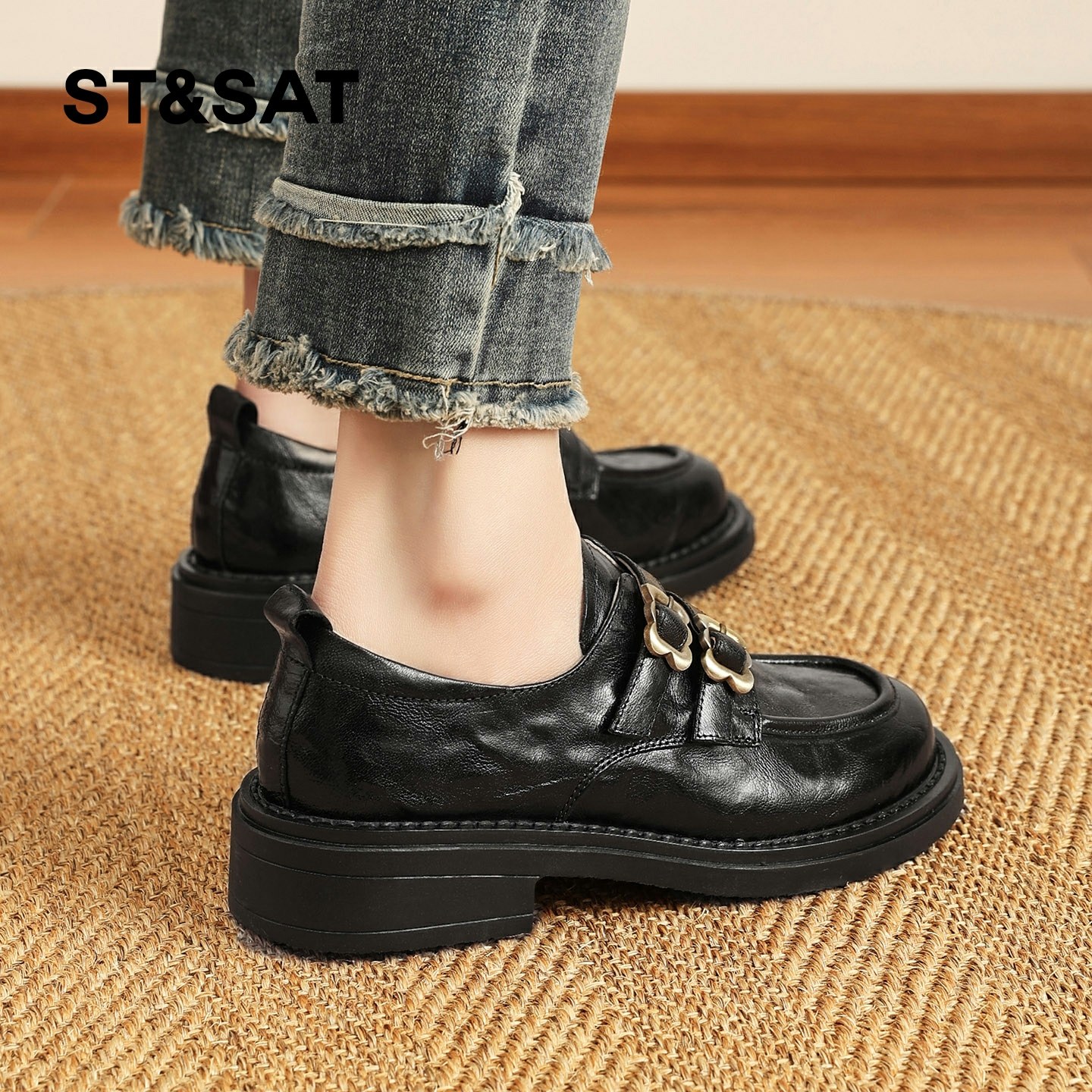 星期六黑色英伦乐福鞋女春季新款复古双扣厚底通勤小皮鞋单鞋,淘宝优惠券,粉丝福利购,淘宝优惠卷